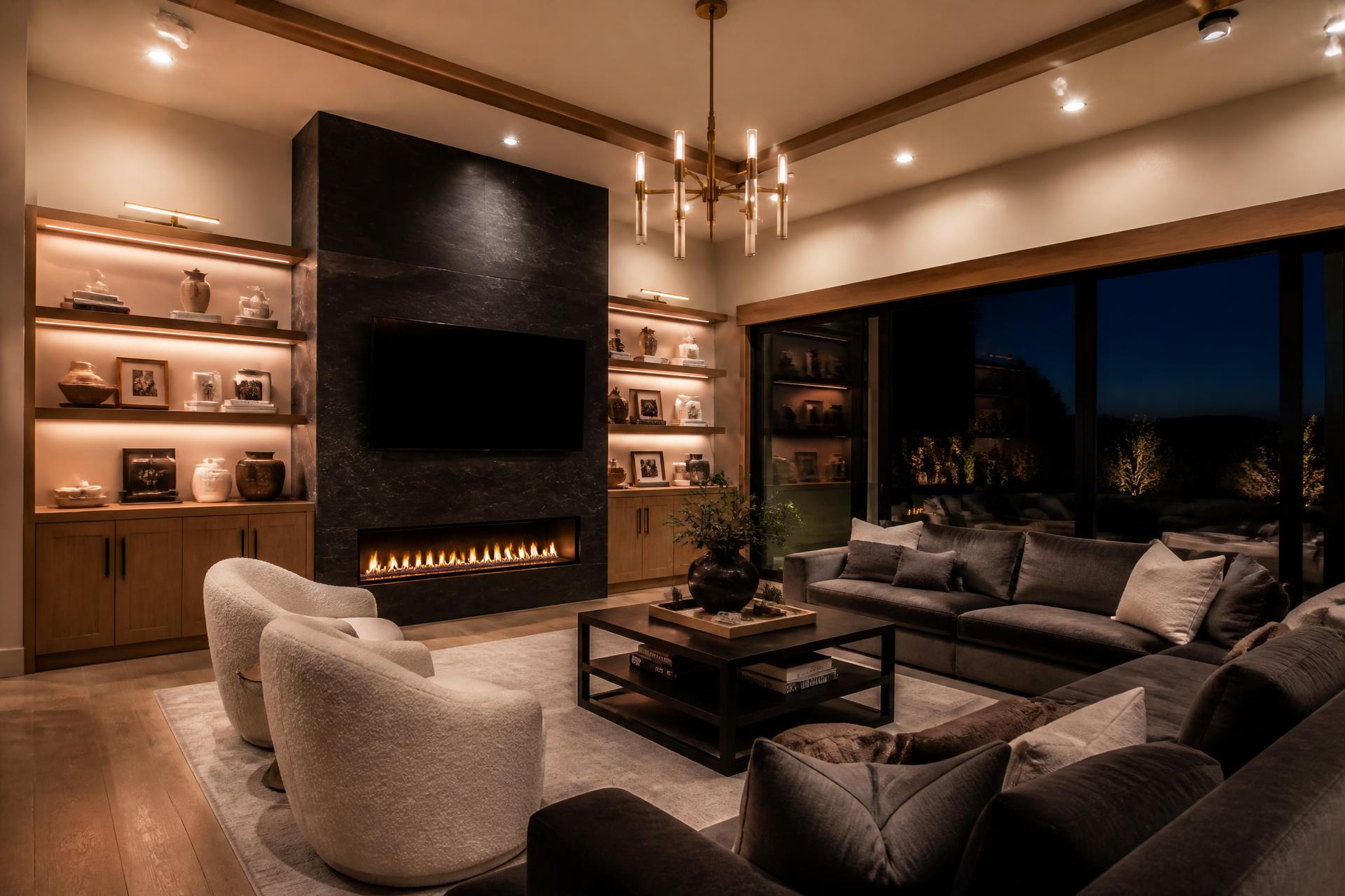 Renovated living room with custom trim and a black stone fireplace media wall